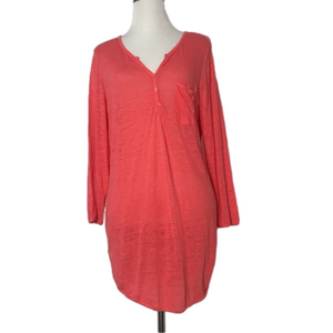 Athleta Womens V-Neck Button Down Pink Coral 3/4 Sleeve Tee T-shirt with Pocket